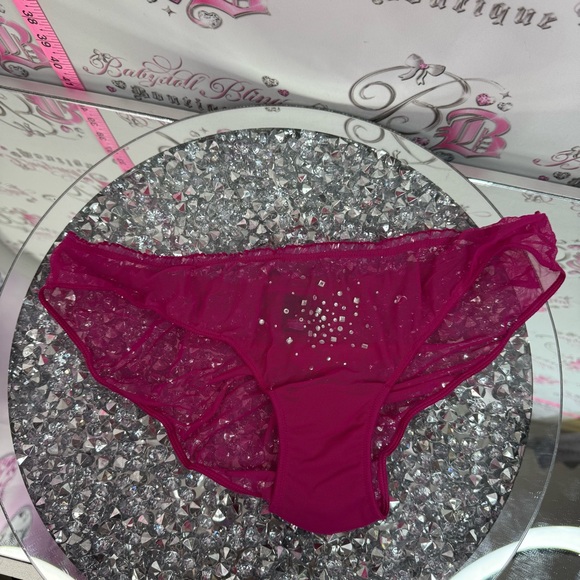 Victoria’s Secret set 2 piece rhinestone Sheer Fuchsia Babydoll matching ribbon - Picture 3 of 14